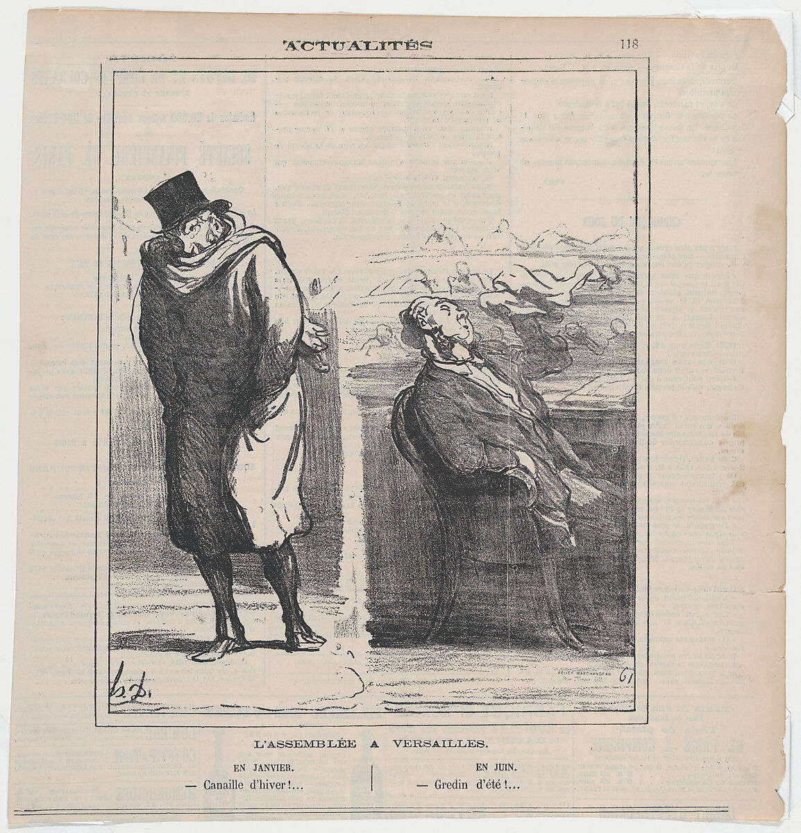 The assemby in Versailles: In January –Wretched winter!... In June –Scoundrel of a summer!..., Honoré Daumier (French, Marseilles 1808–1879 Valmondois), Lithograph on newsprint; second state of two (Delteil) 