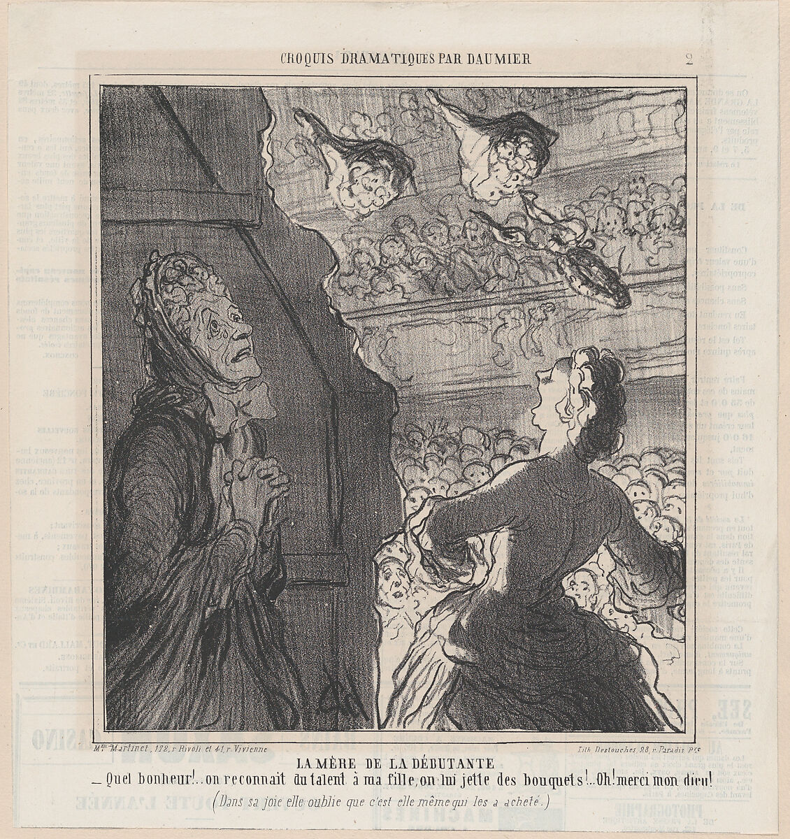 The mother of the actress, from 'Dramatic sketches,' published in Le Charivari, July 2, 1864, Honoré Daumier (French, Marseilles 1808–1879 Valmondois), Lithograph on newsprint; second state of two (Delteil) 