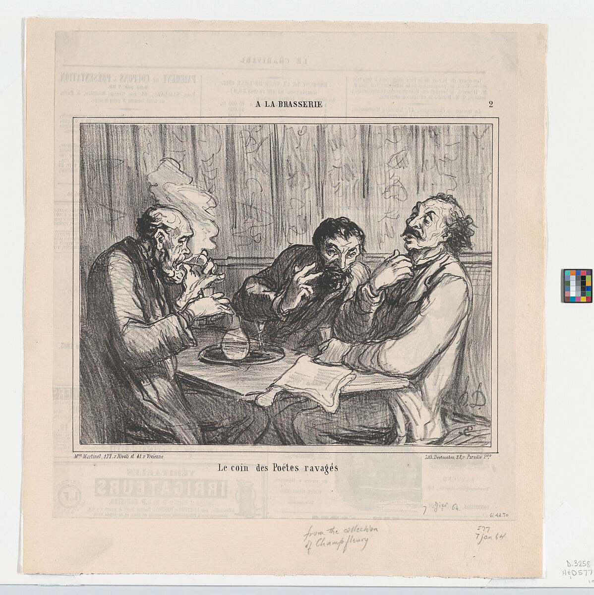 The ravaged poets' corner, from 'In the pub,' published in Le Charivari, January 7, 1864, Honoré Daumier (French, Marseilles 1808–1879 Valmondois), Lithograph on newsprint; second state of two (Delteil) 