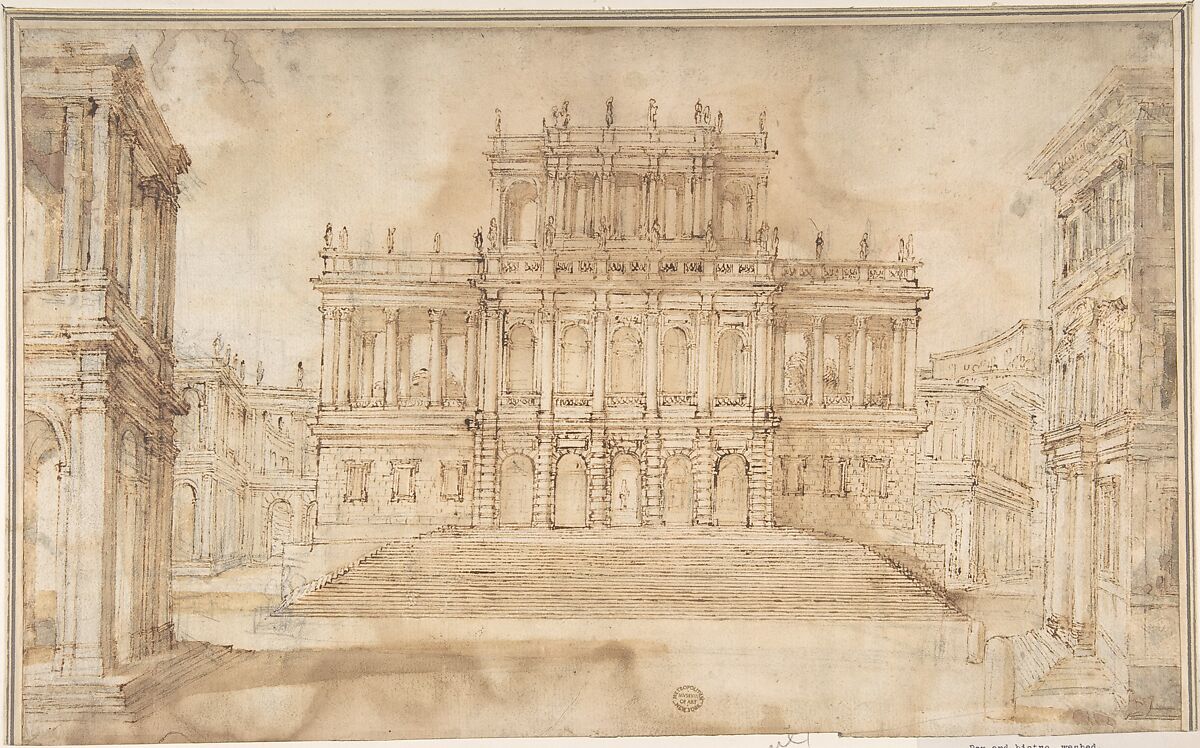 Design for Stage Set with Porticoed Palazzo, Pen, brown ink, and wash over black chalk 