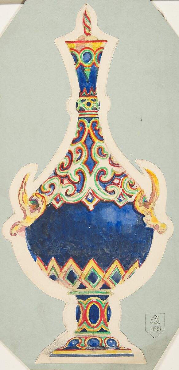 Design for a Vase with Lid, Anonymous, French, 19th century, Watercolor, over graphite. Design pasted to blue mounting paper. 