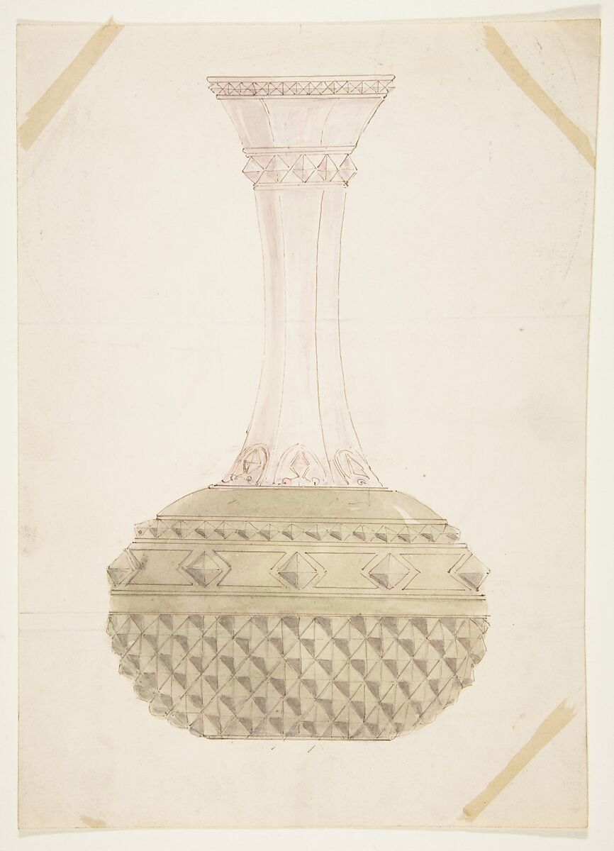 Design for a Vase, Anonymous, French, 19th century, Pen and brown ink, brush and green, gray, and lavender wash, over graphite. 