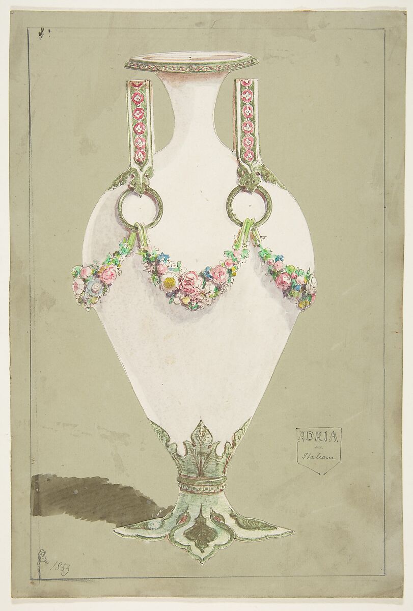 Design for an Ewer, Anonymous, French, 19th century, Pen and gray ink, watercolor, framing lines in pen and gray ink. Design pasted onto green mounting paper. 