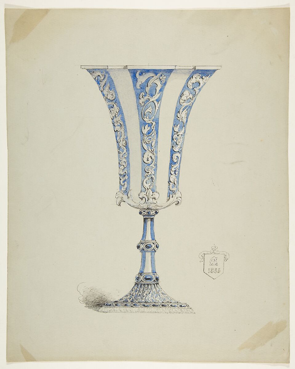 Design for a Chalice, Anonymous, French, 19th century, Pen and black ink, brush and blue wash, heightened with white, over graphite 