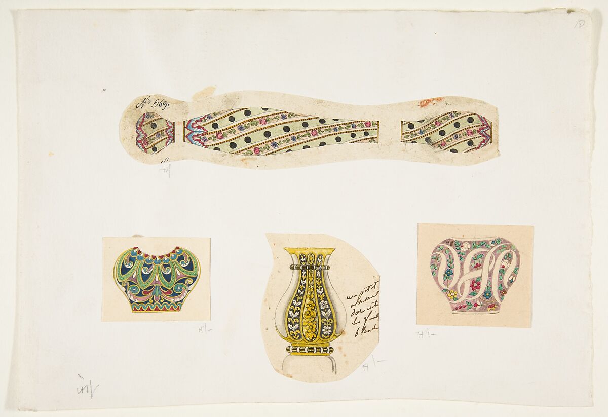 Four Designs for Vases, Anonymous, French, 19th century, Graphite, pen and gray ink, and watercolor. The four designs are pasted onto mounting paper. 