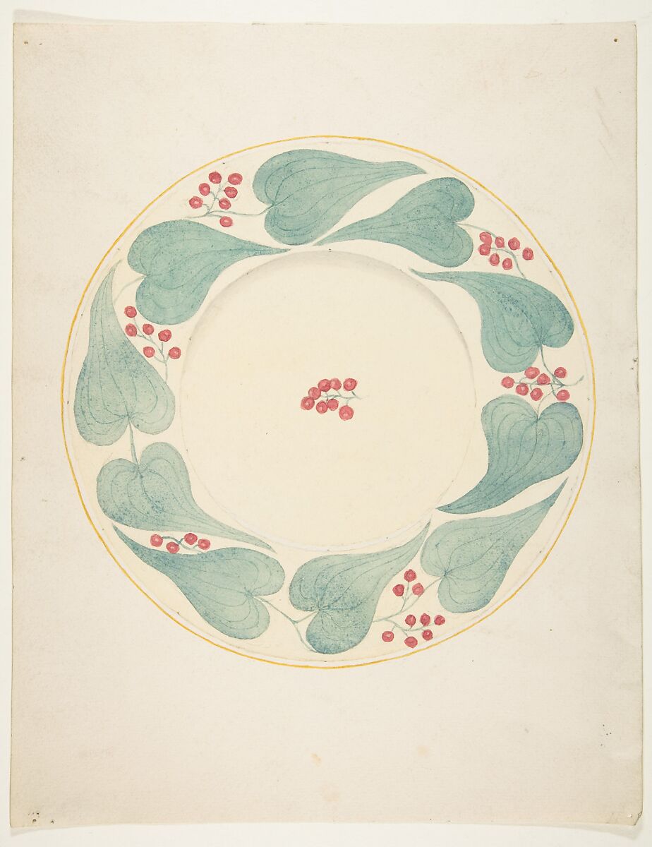 Design for a Fruit Plate, Anonymous, French, 19th century, Brush and yellow, red, green, and gray  ink, heightened with white, over graphite. 