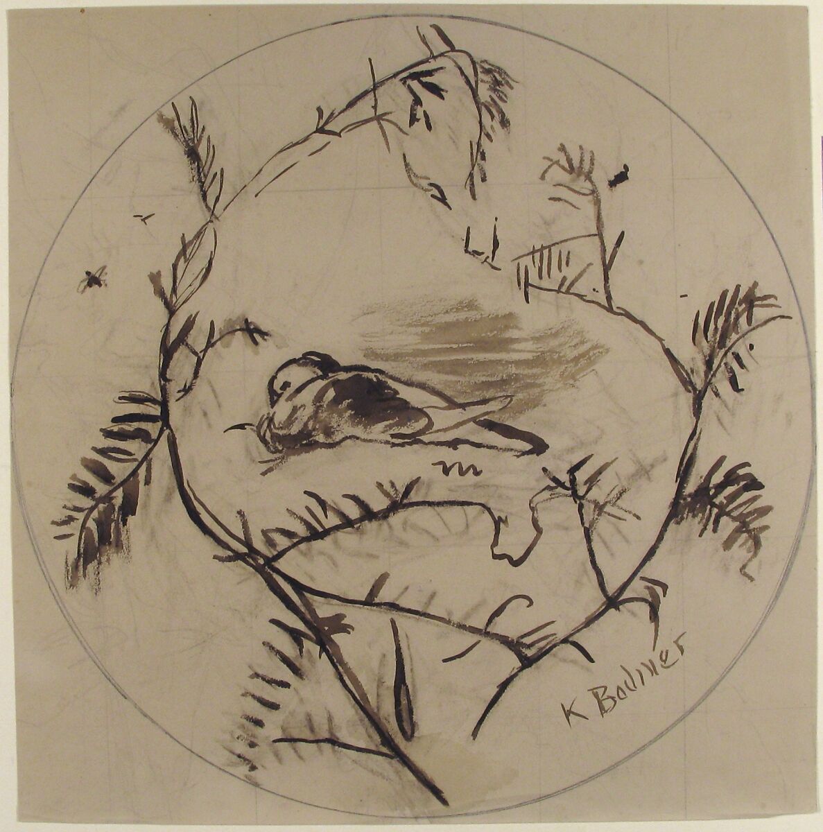 Design for a Plate Decorated with a Bird and Plant Motifs, Karl Bodmer (Swiss, Riesbach 1809–1893 Barbizon), Graphite, brush and brown wash; squared for transfer