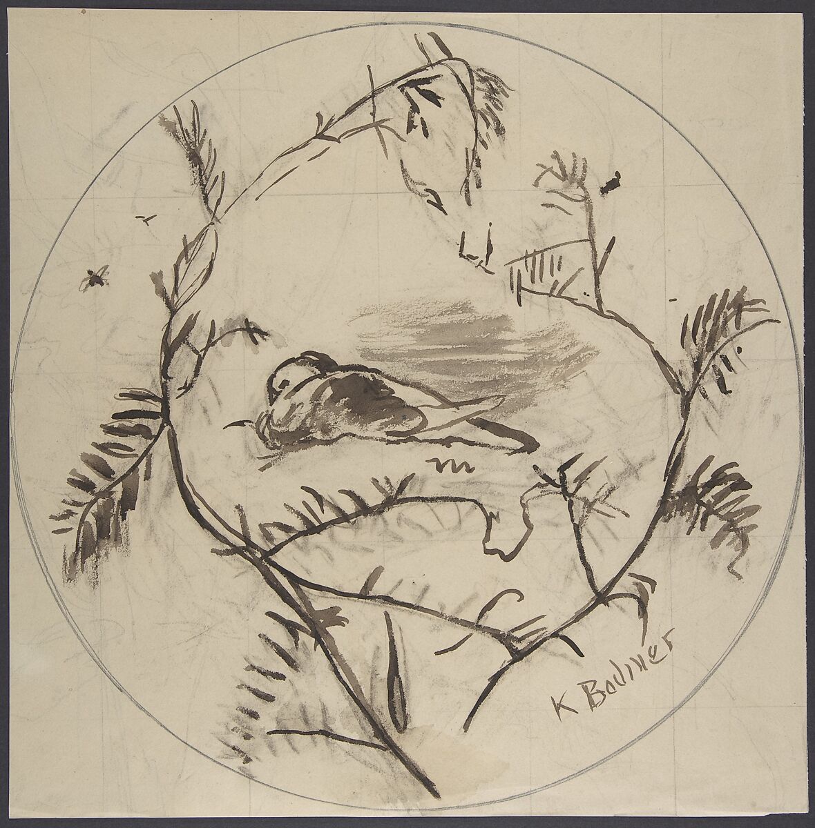 Design for a Plate Decorated with a Bird and Plant Motifs, Karl Bodmer (Swiss, Riesbach 1809–1893 Barbizon), Graphite, brush and brown wash; squared for transfer 