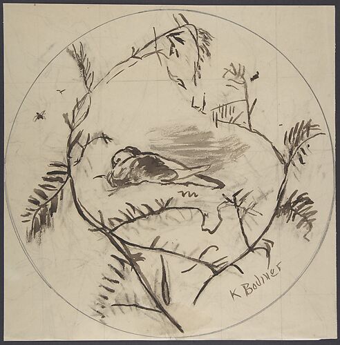 Design for a Plate Decorated with a Bird and Plant Motifs