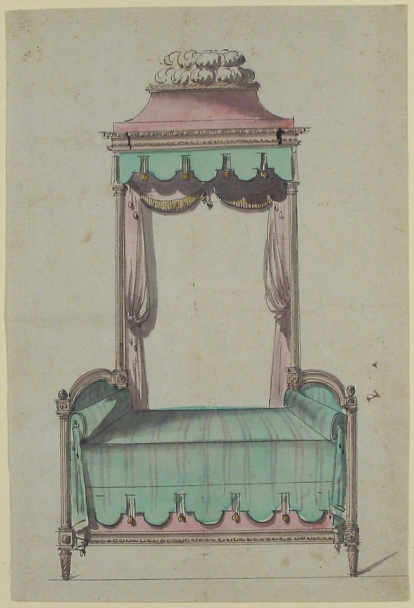 Design for a Bed and a Canopy, Anonymous, French, 18th century, Pen and black ink, brush and brown and gray wash, watercolor