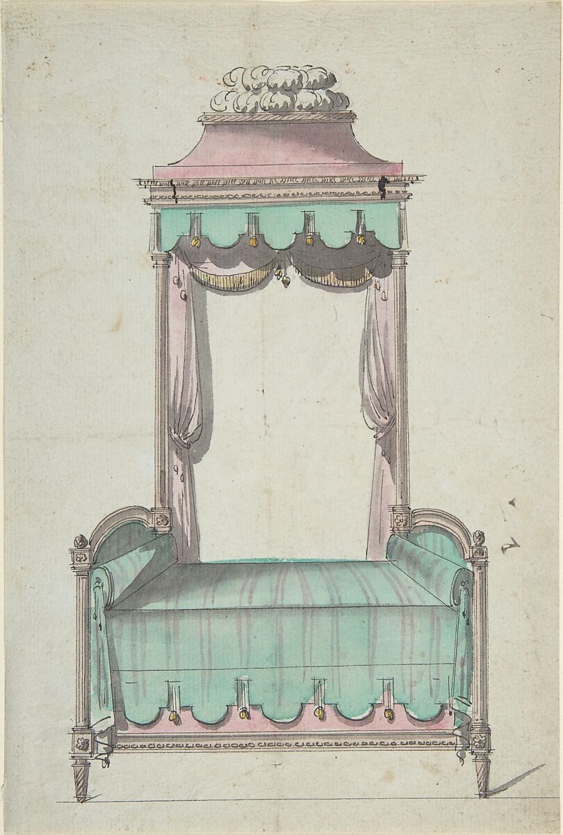 Design for a Bed and a Canopy, Anonymous, French, 18th century, Pen and black ink, brush and brown and gray wash, watercolor