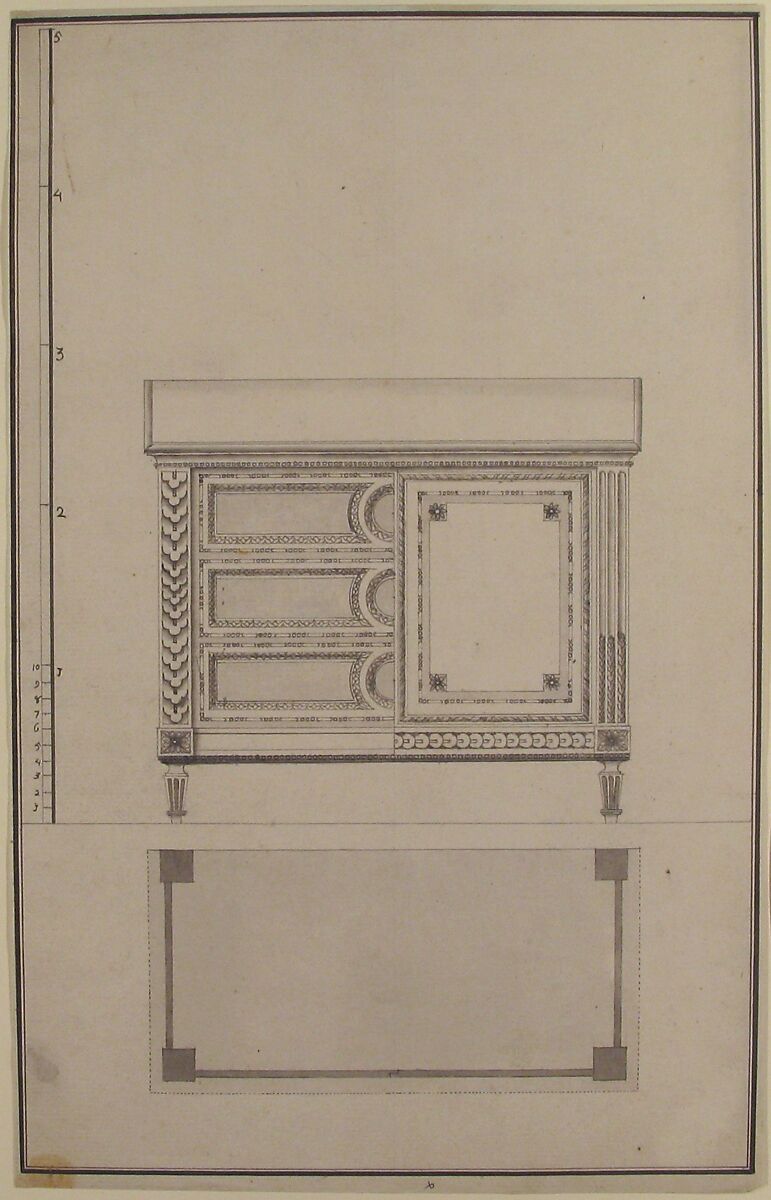 Design for a Chest of Drawers, Anonymous, French, 18th century, Pen and black and gray ink, brush and gray wash.