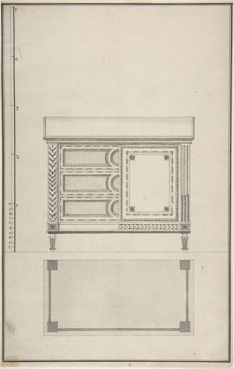 Design for a Chest of Drawers, Anonymous, French, 18th century, Pen and black and gray ink, brush and gray wash.