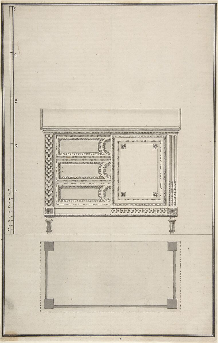 Design for a Chest of Drawers, Anonymous, French, 18th century, Pen and black and gray ink, brush and gray wash. 