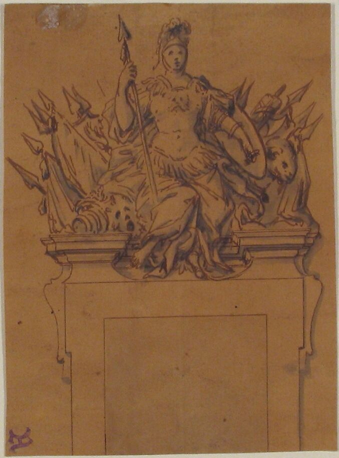 Design for an Overdoor or Chimney Piece with an Armorial Trophy and the Figure of Minerva, Anonymous, French, 18th century, Pen and brown ink, brush and gray and black wash