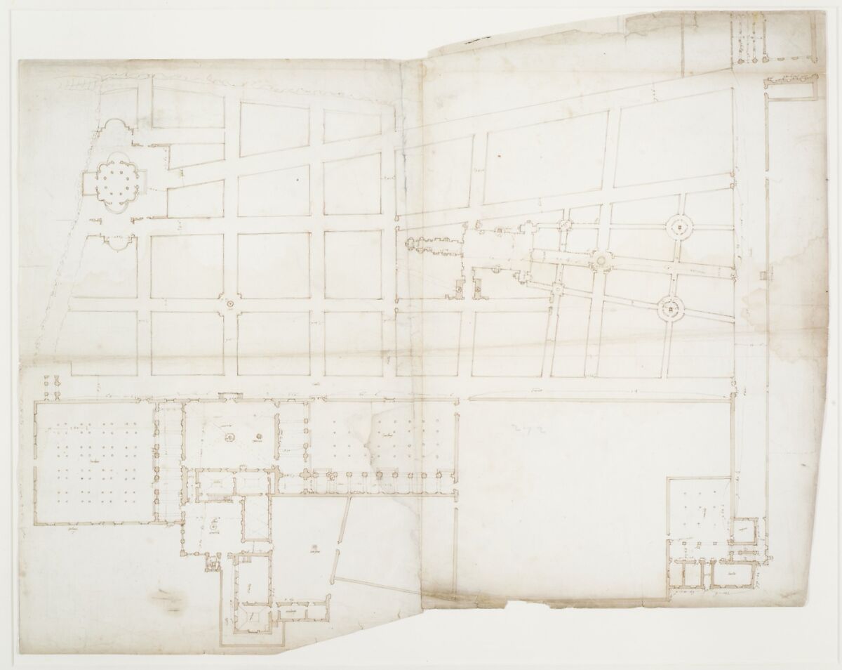 Ville d'Este, Gardens, Quirinal, plan (recto) blank (verso), Drawn by Anonymous, French, 16th century, Pen and brown ink, brush and brown wash over traces of black chalk 