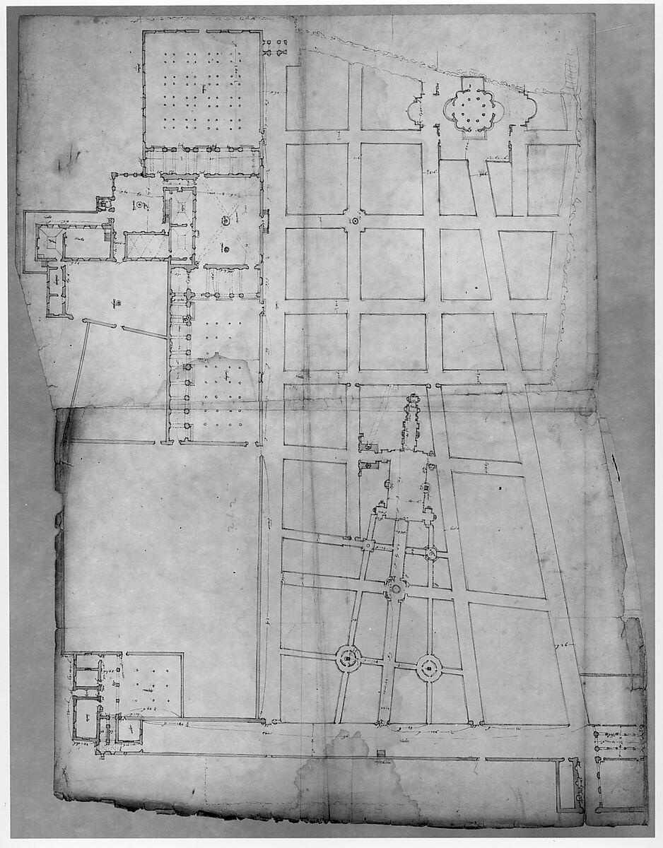 Ville d'Este, Gardens, Quirinal, plan (recto) blank (verso), Drawn by Anonymous, French, 16th century, Pen and brown ink, brush and brown wash over traces of black chalk