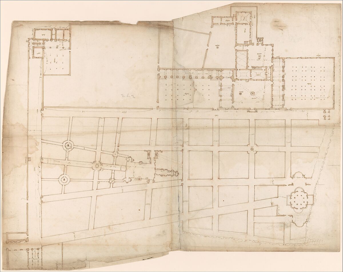 Ville d'Este, Gardens, Quirinal, plan (recto) blank (verso), Drawn by Anonymous, French, 16th century, Pen and brown ink, brush and brown wash over traces of black chalk