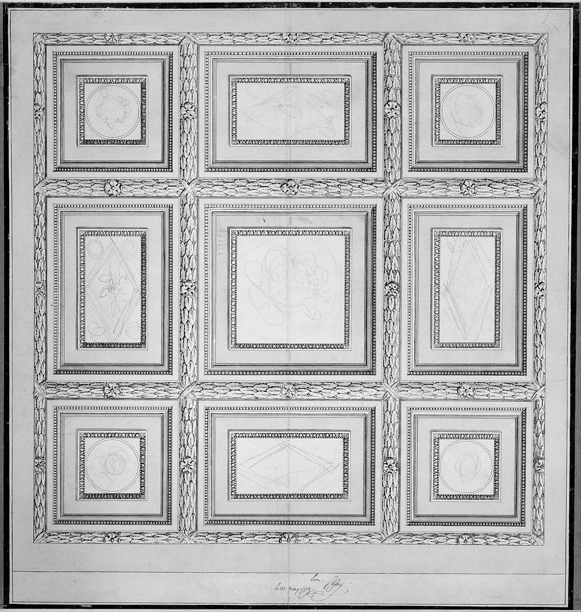 Study for the Ceiling of a Salon in the Hotel de Mazarin, François Joseph Belanger (French, Paris 1744–1818 Paris), Pen and brown ink, over traces of black chalk 