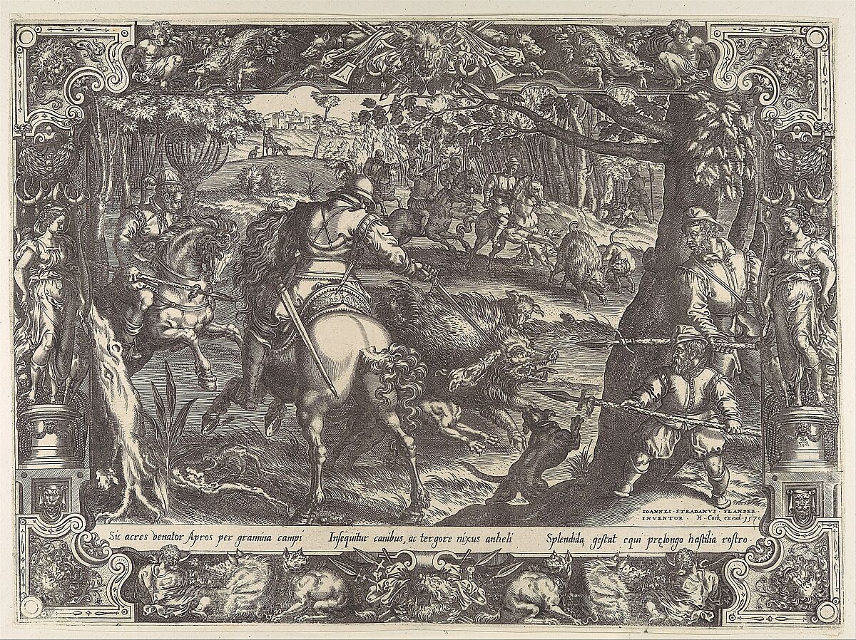 Wild Boar Hunt with Spears, from Hunting Scenes in Ornamental Frames, After Jan van der Straet, called Stradanus (Netherlandish, Bruges 1523–1605 Florence), Engraving 