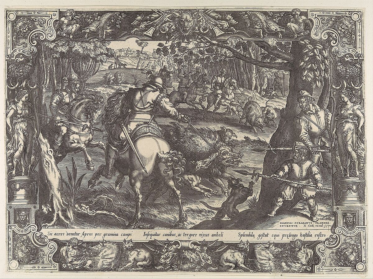 Wild Boar Hunt with Spears, from "Hunting Scenes in Ornamental Frames", After Jan van der Straet, called Stradanus (Netherlandish, Bruges 1523–1605 Florence), Engraving 