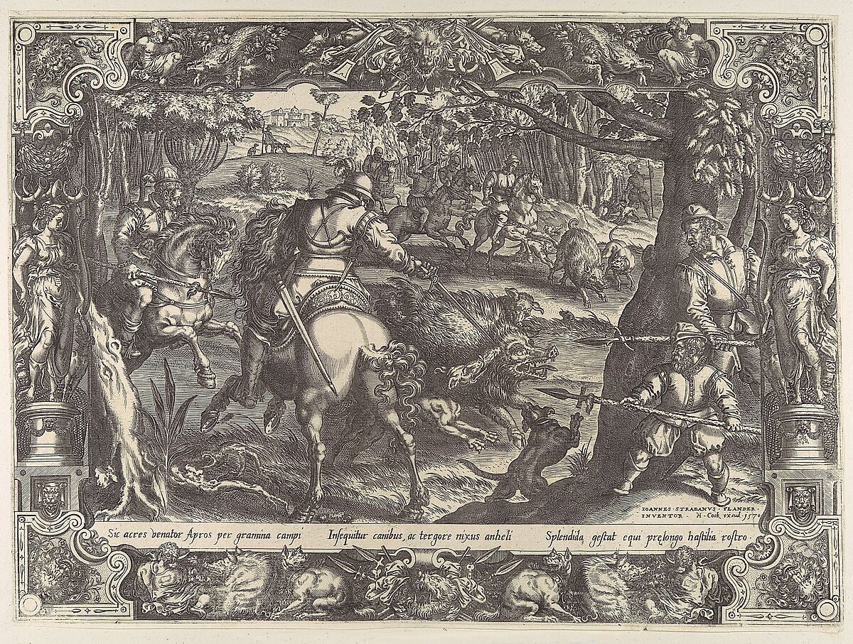 Wild Boar Hunt with Spears, from "Hunting Scenes in Ornamental Frames", After Jan van der Straet, called Stradanus (Netherlandish, Bruges 1523–1605 Florence), Engraving