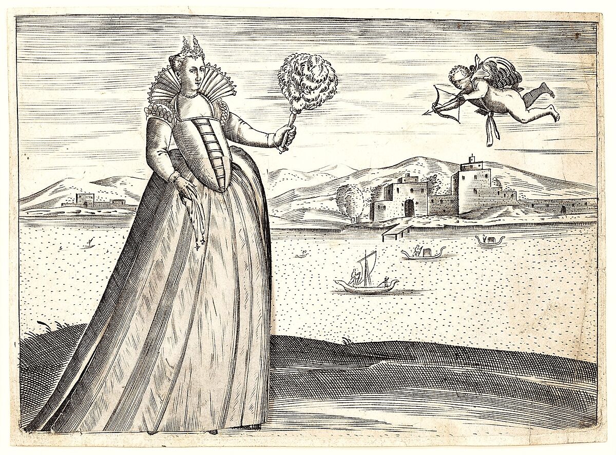 Courtesan and the blind cupid, Pietro Bertelli (Italian, active Padua, ca. 1571–1621), Engraving 