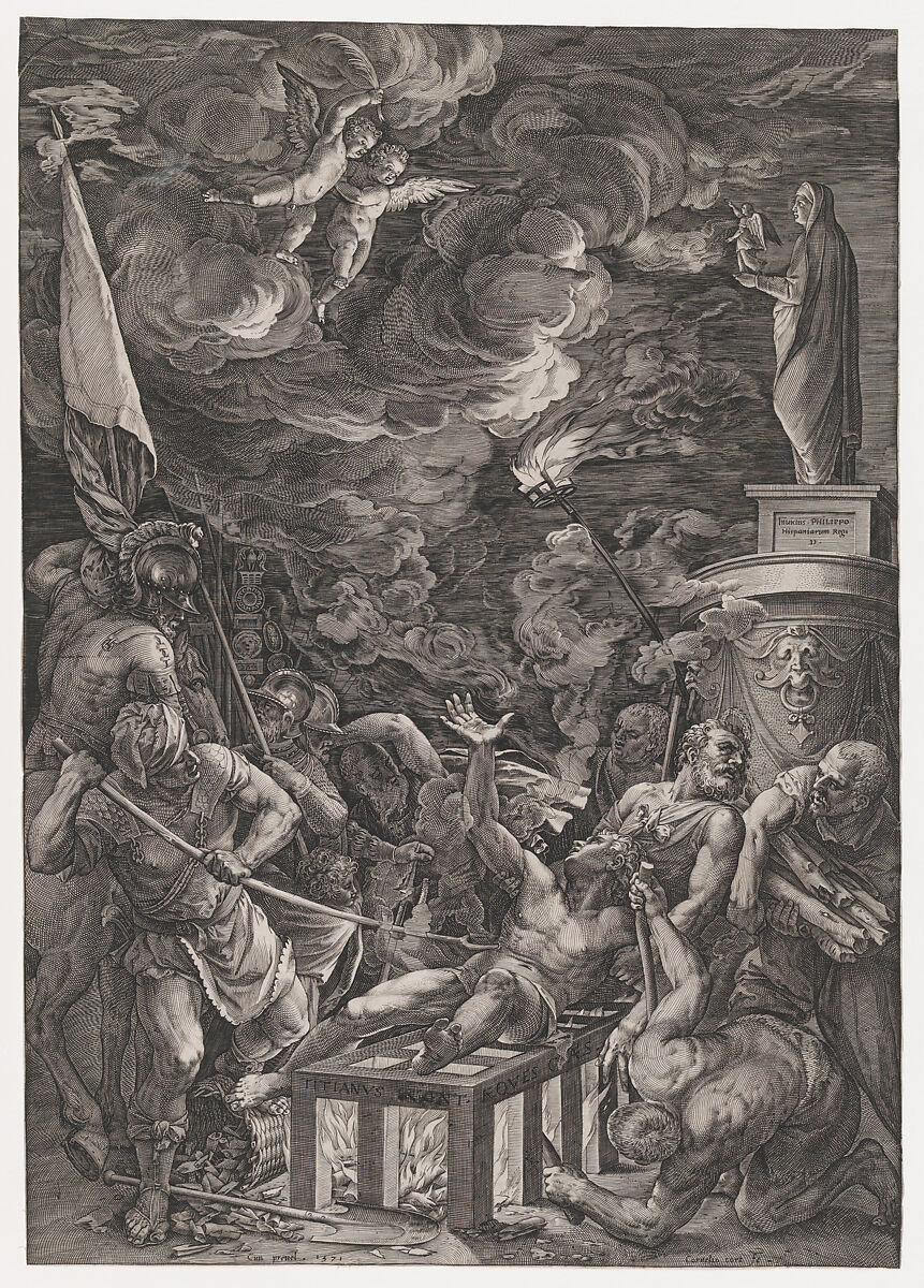 Martyrdom of St. Lawrence, Cornelis Cort (Netherlandish, Hoorn ca. 1533–1578 Rome), Engraving 