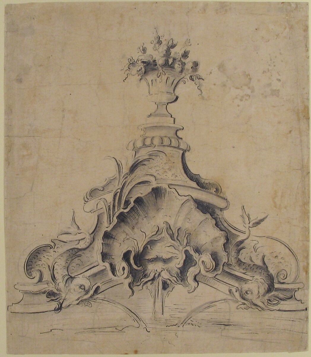 Design for a Fountain, Anonymous, French, 18th century, Pen and black ink, brush and gray wash, over graphite