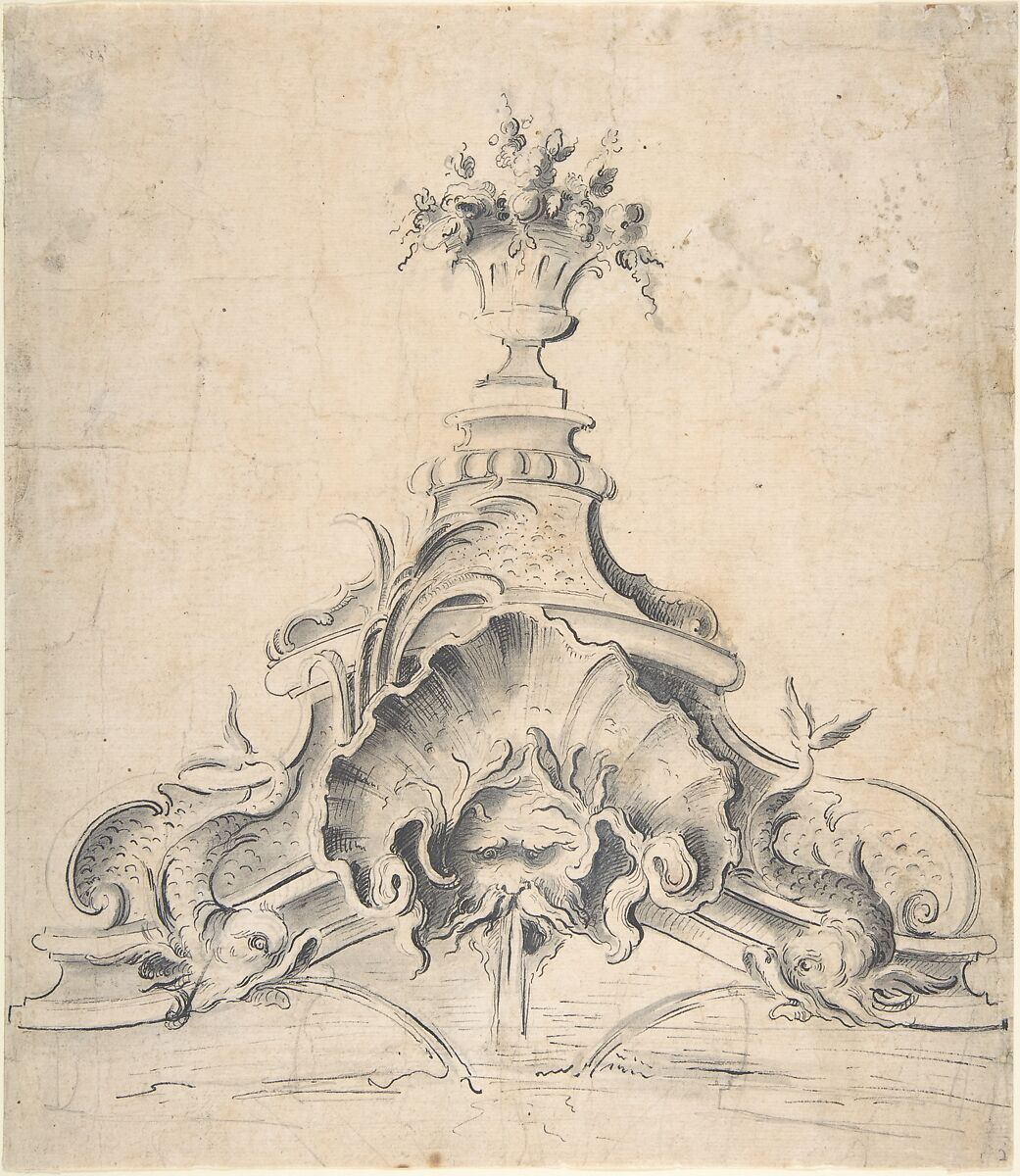 Design for a Fountain, Anonymous, French, 18th century, Pen and black ink, brush and gray wash, over graphite 
