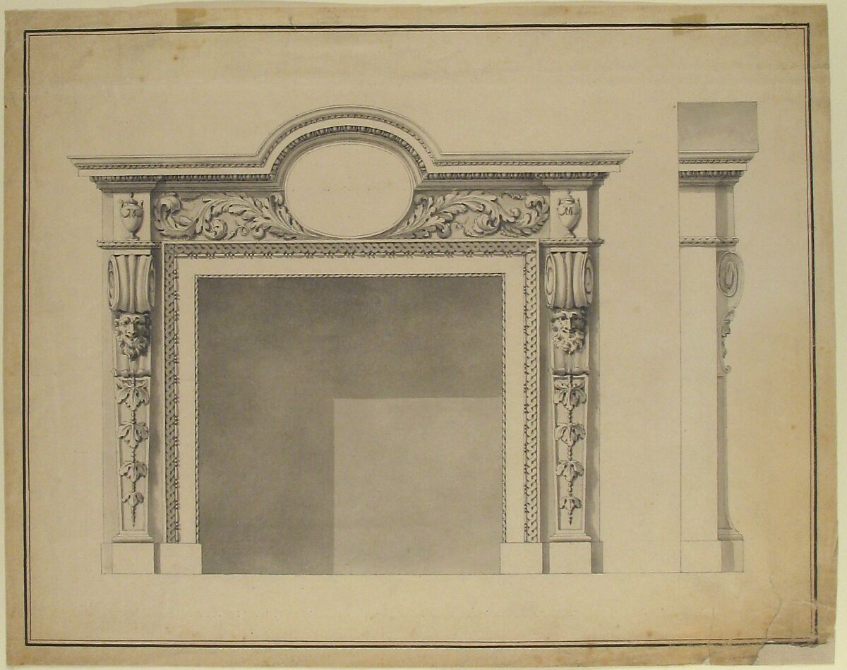 Design for a Fireplace with Frontal and Profile Views, Attributed to James Stuart (British, London 1713–1788 London), Pen and black ink, brush and gray wash