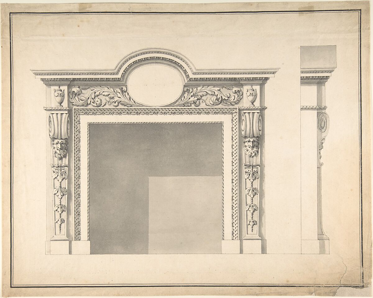 Design for a Fireplace with Frontal and Profile Views, Attributed to James Stuart (British, London 1713–1788 London), Pen and black ink, brush and gray wash 