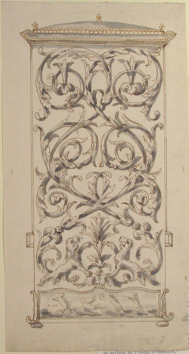 Design for Back of a Sedan Chair, Anonymous, French, 18th century, Pen and brown ink, brush and gray wash, graphite