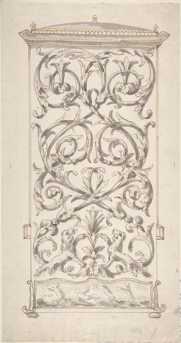 Design for Back of a Sedan Chair, Anonymous, French, 18th century, Pen and brown ink, brush and gray wash, graphite 