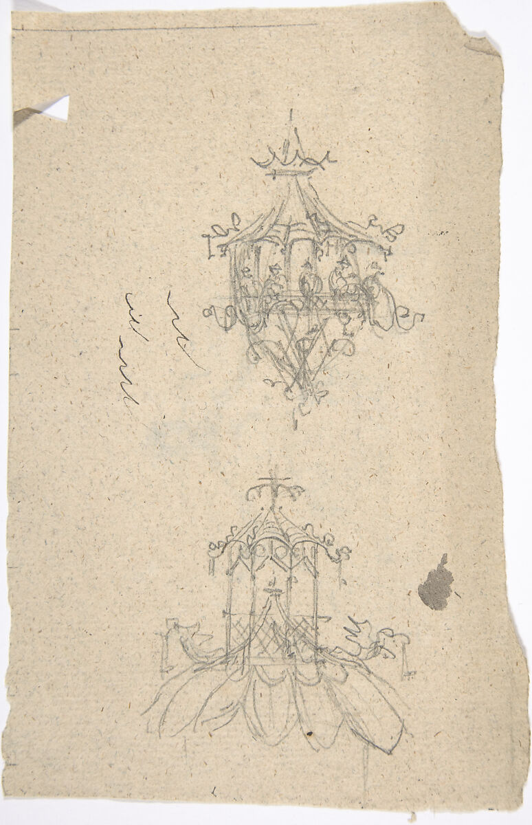 Two Designs for Chinese Lanterns (recto); Design for a Neoclassical Tomb or Monument with Sphinxes (verso), Anonymous, French, 18th century, Graphite 