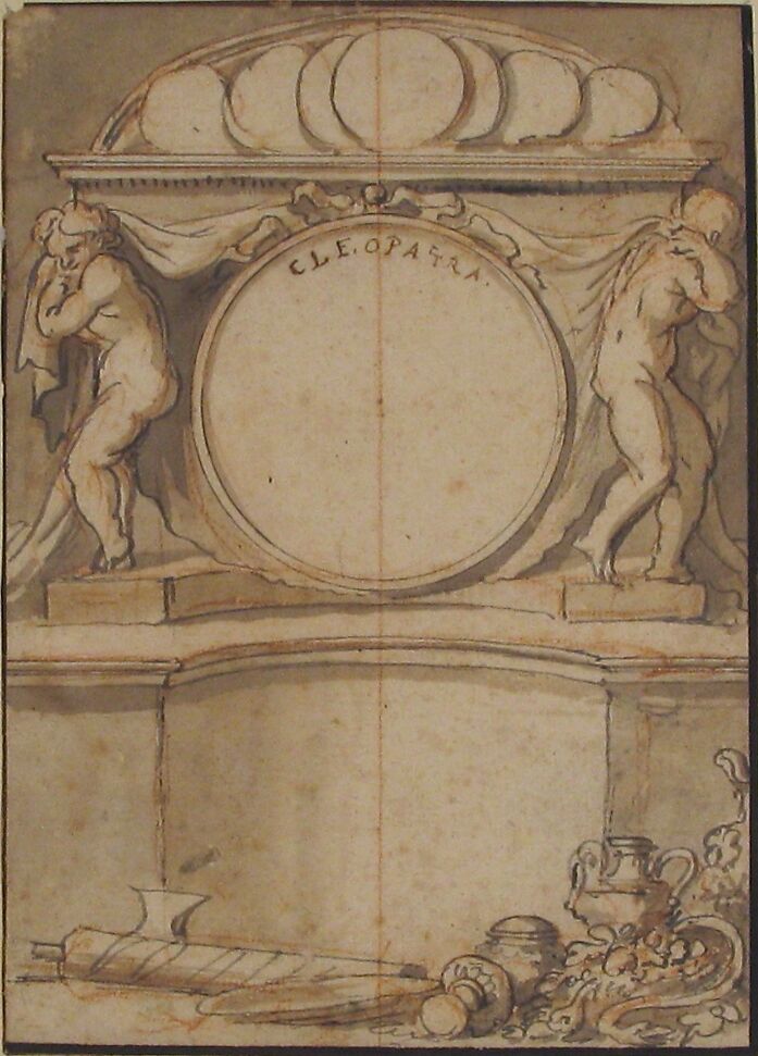 Drawing for a Book Illustration: Cleopatra, Anonymous, French, 18th century, Pen and black ink, brush and gray wash, over red chalk