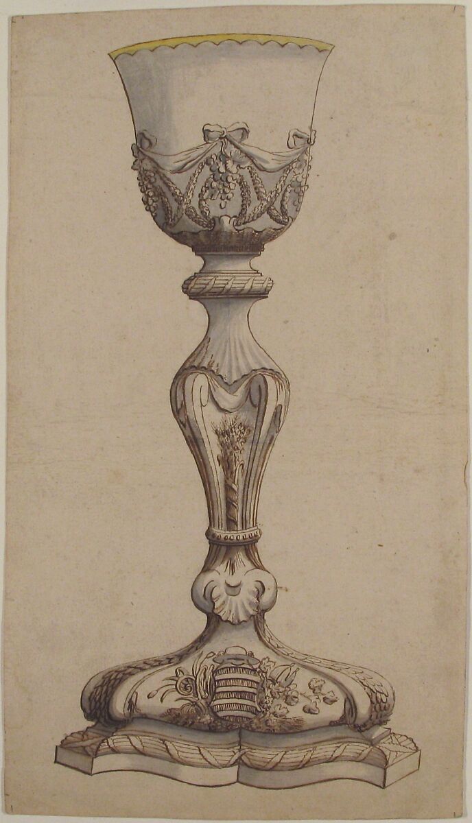 Design for Chalice with Arms of Jean-François Paul LeFevre de Caumartin, Bishop of Vannes, Anonymous, French, 18th century, Pen and brown ink, brush and gray wash, brush and yellow wash
