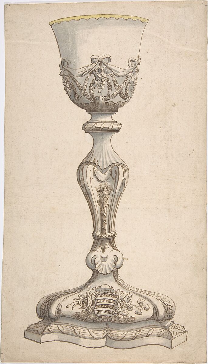 Design for Chalice with Arms of Jean-François Paul LeFevre de Caumartin, Bishop of Vannes, Anonymous, French, 18th century, Pen and brown ink, brush and gray wash, brush and yellow wash 
