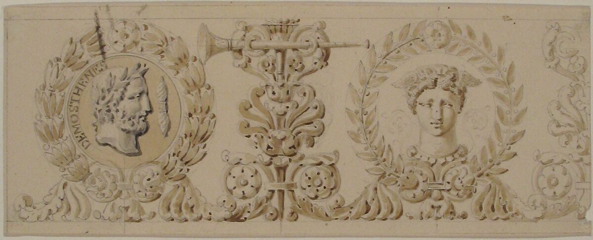 Classical Frieze with Head of Demosthenes, Anonymous, French, 18th century, Graphite, brush and brown and gray wash