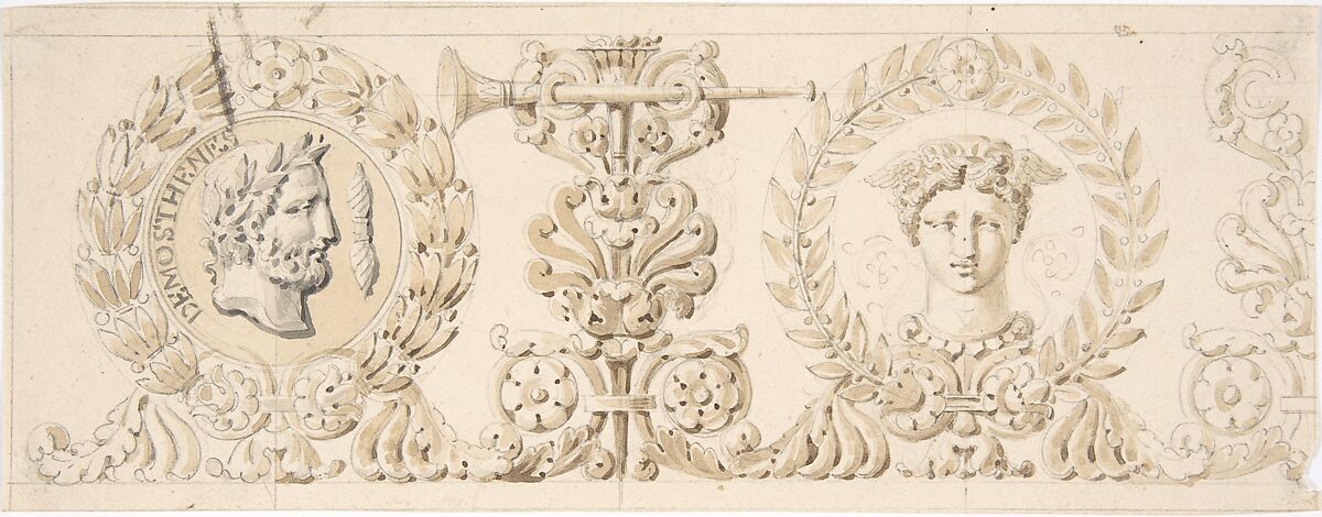 Classical Frieze with Head of Demosthenes, Anonymous, French, 18th century, Graphite, brush and brown and gray wash 