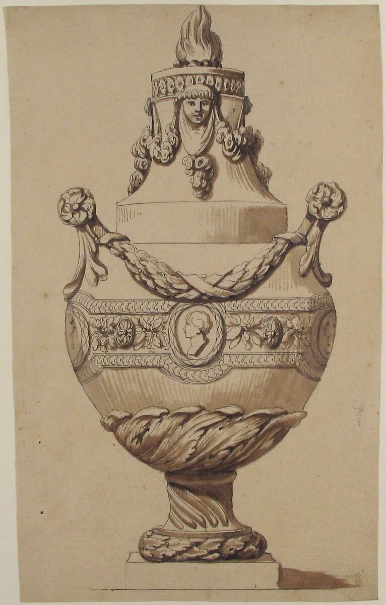 Urn with Acanthus Base and Flambeaux Top, Anonymous, French, 18th century, Pen and black ink, brush and brown wash, graphite