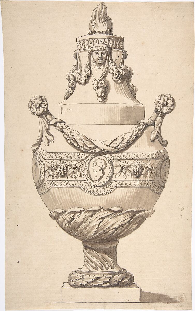Urn with Acanthus Base and Flambeaux Top, Anonymous, French, 18th century, Pen and black ink, brush and brown wash, graphite 