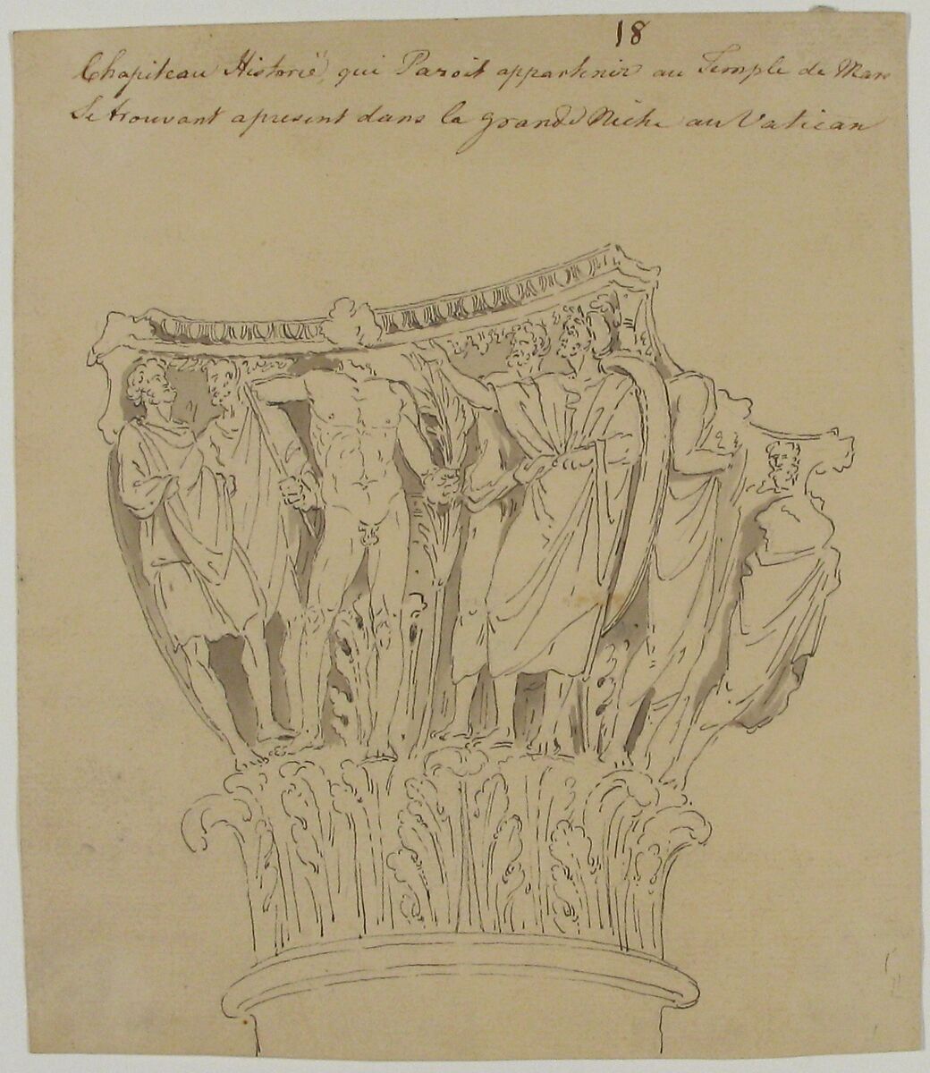 Drawing of Capital from the Vatican, Anonymous, French, 18th century, Pen and black ink, brush and gray wash