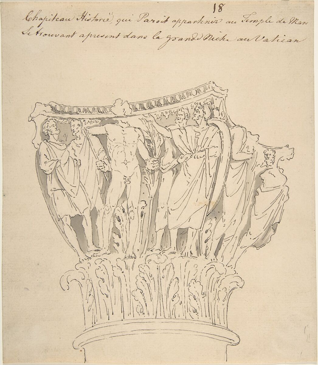 Drawing of Capital from the Vatican, Anonymous, French, 18th century, Pen and black ink, brush and gray wash 
