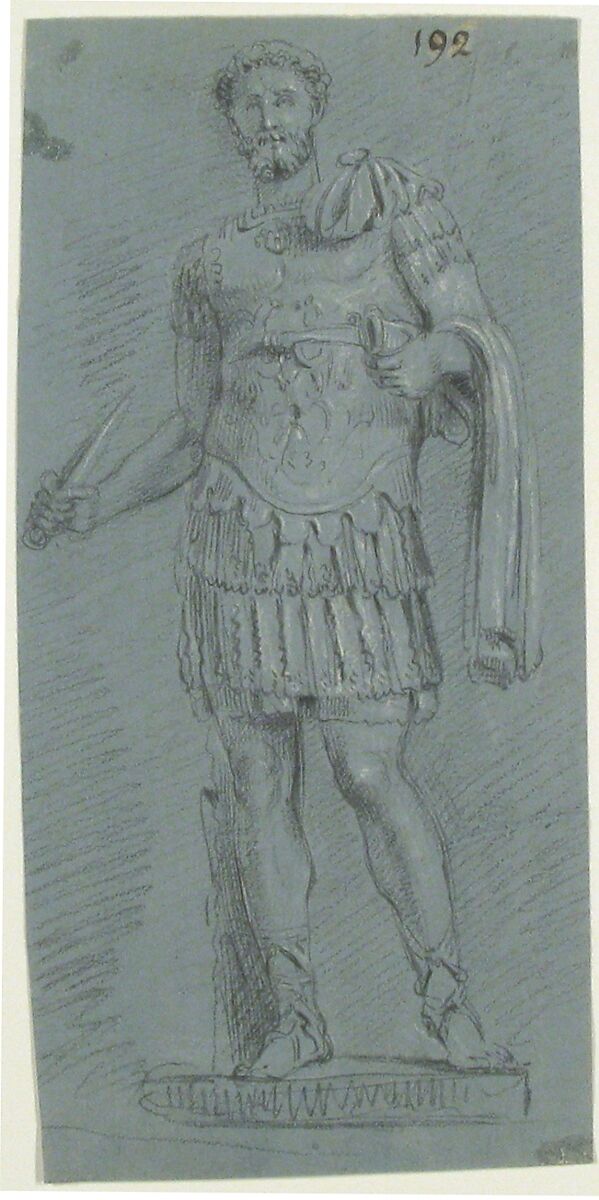 Statue of Warrior, Anonymous, French, 18th century, Graphite, heightened with white chalk, on blue paper 