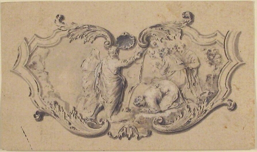 Cartouche with Moses Striking the Rock, Anonymous, French, 18th century, Pen and black ink, brush and gray wash, heightened with white