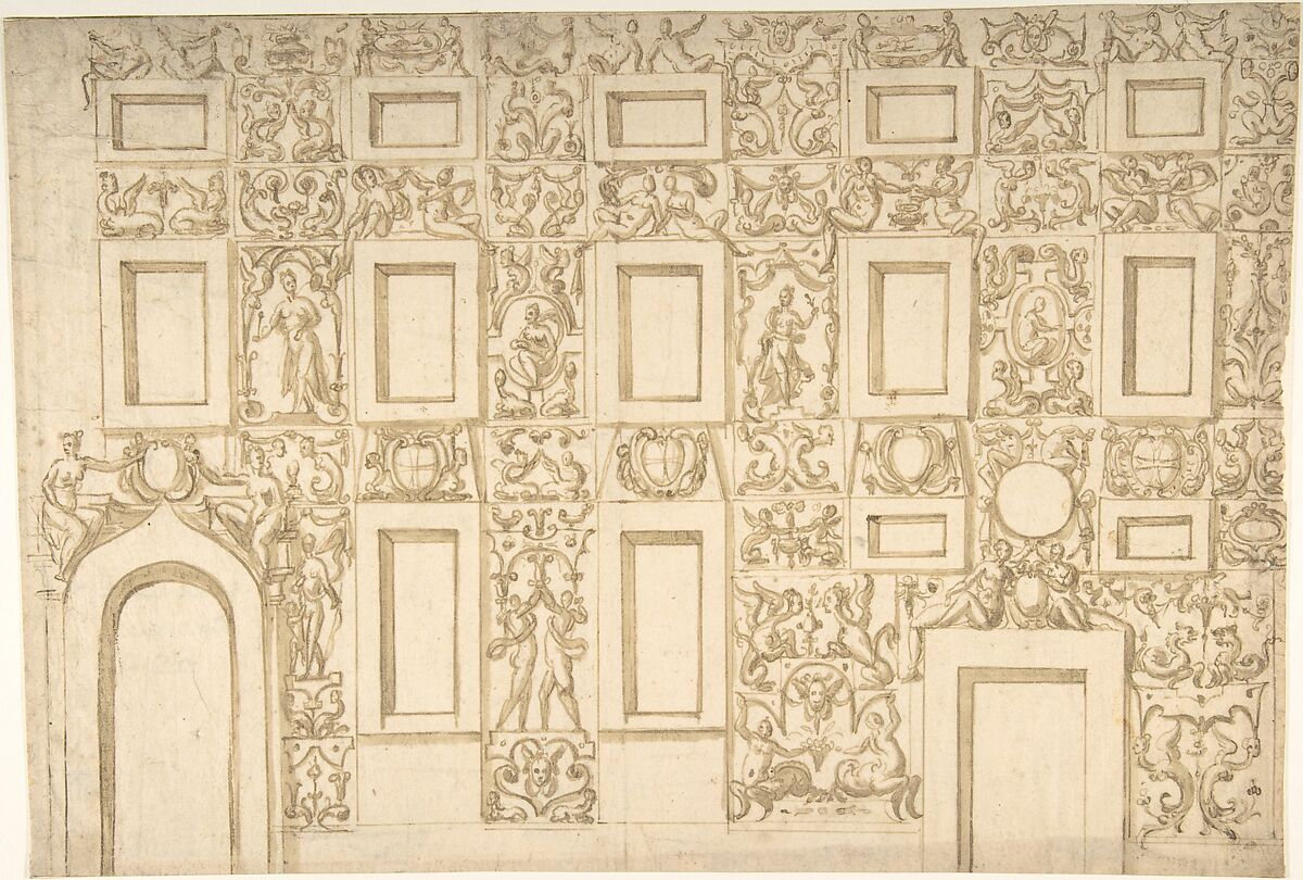Design for the Decoration of a Facade in Fresco or Sgraffito, Anonymous, Italian, 16th century (Italian, active Central Italy, ca. 1550–1580), Pen and Brown ink 