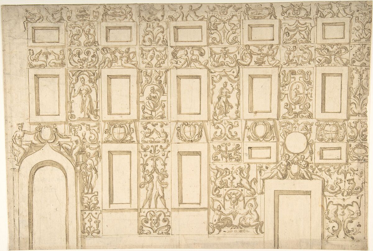 Design for the Decoration of a Facade in Fresco or Sgraffito, Anonymous, Italian, 16th century (Italian, active Central Italy, ca. 1550–1580), Pen and brown ink, brush and brown wash 