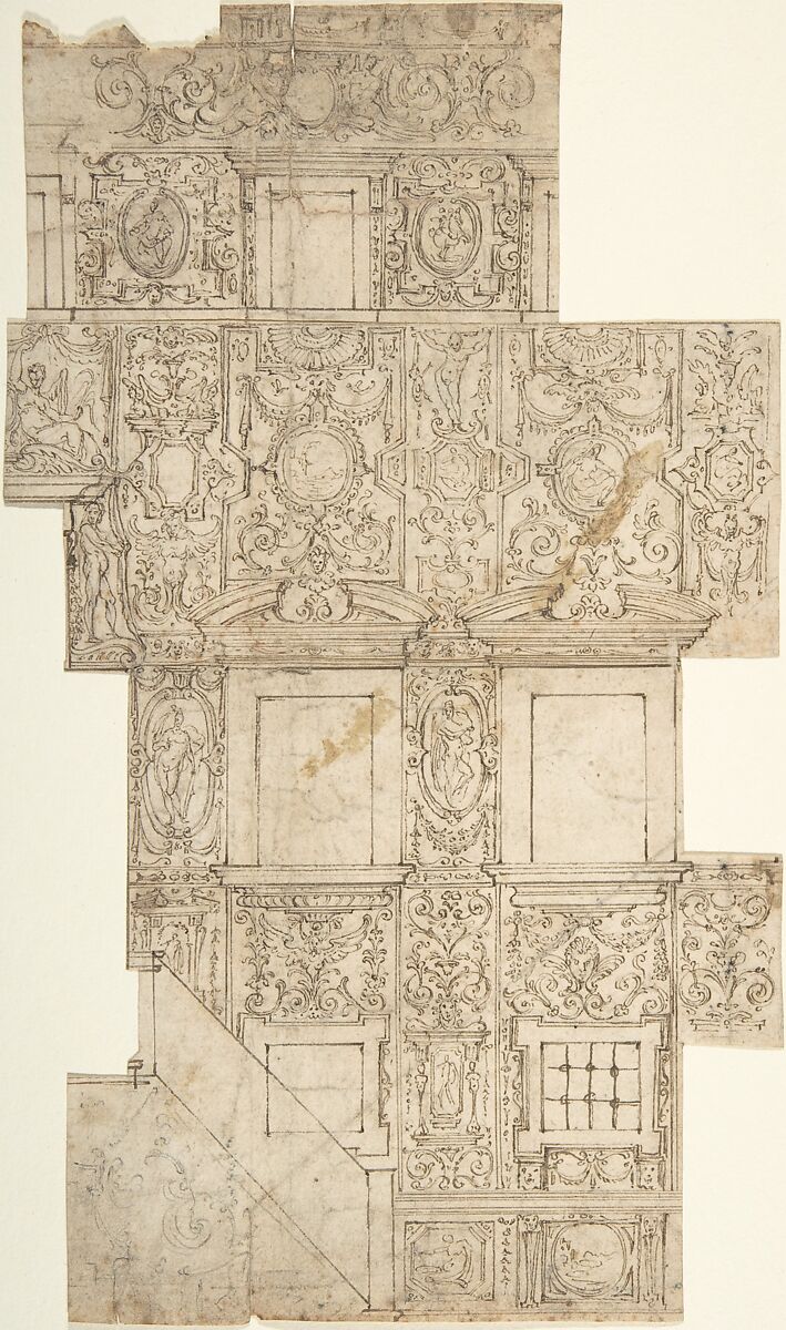 Design for a Facade with Sgraffito Decorations, Anonymous, Italian, 16th century, Pen and brown ink, over traces of black chalk 
