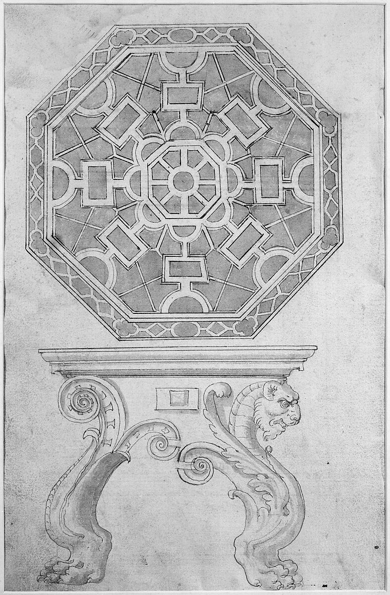 Design for an Octagonal Table and Top (recto); Design for Altar or Tomb Monument (verso), Anonymous, Italian, 16th century (Italian, active Central Italy, ca. 1550–1580), Pen and brown ink, brush and gray-brown wash (recto); pen and brown ink, brush and brown wash (verso)